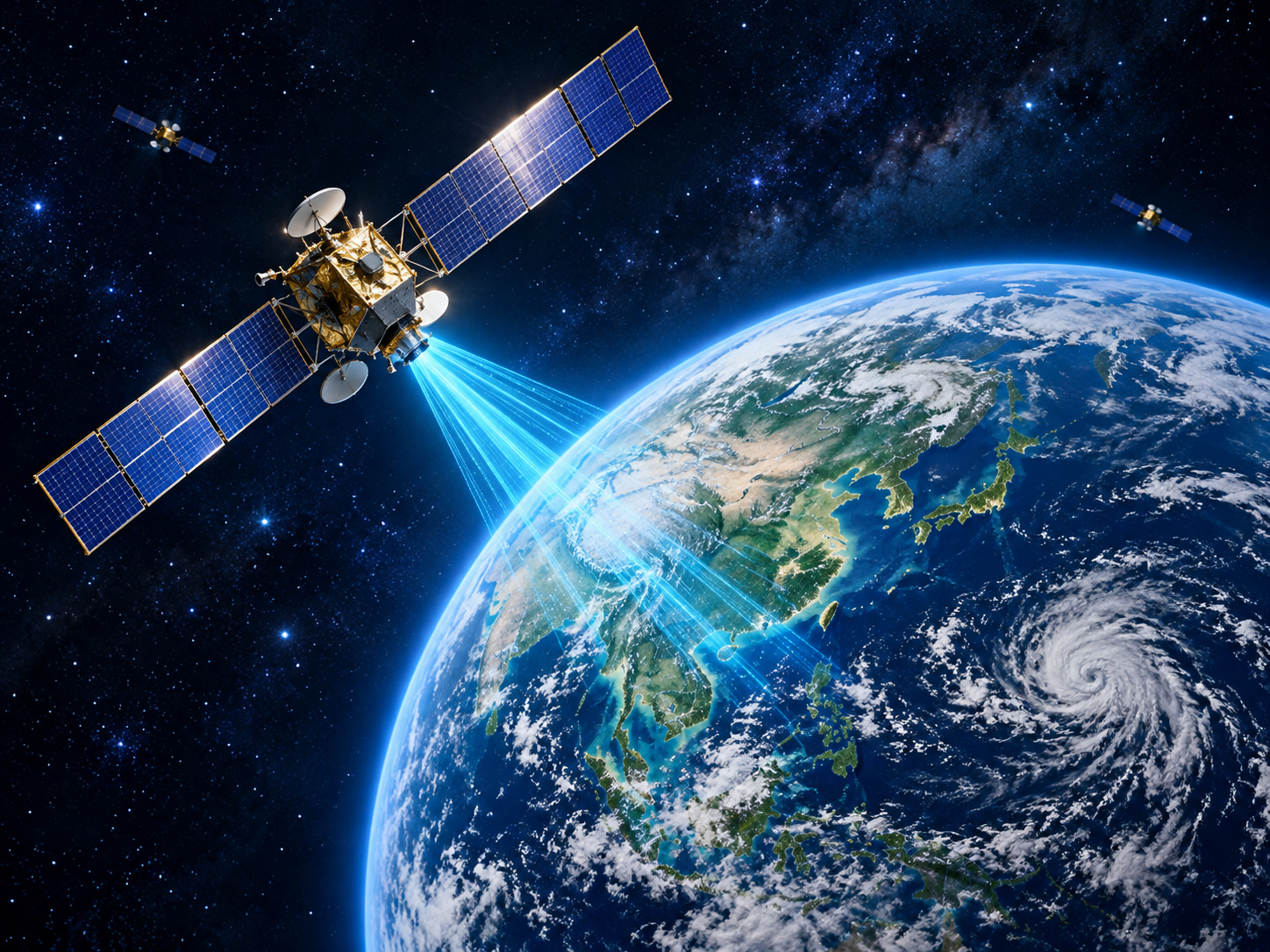 GNSS navigation satellite in orbit transmitting positioning signals to Earth, illustrating GNSS performance testing