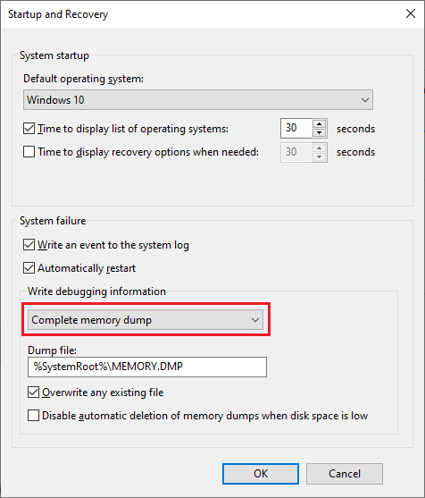 將圖中的設定改為Complete memory dump，就可由系統中取得完整的記憶體傾印檔(Memory dump)。