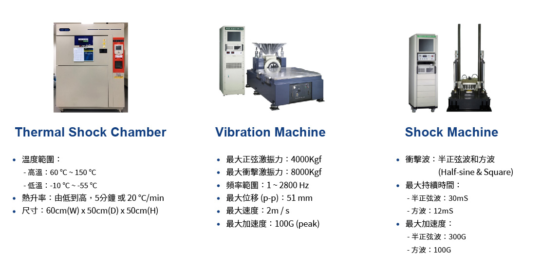 測試環境及設備：Thermal Shck Chamber, Vibration Machine, Shock Machine