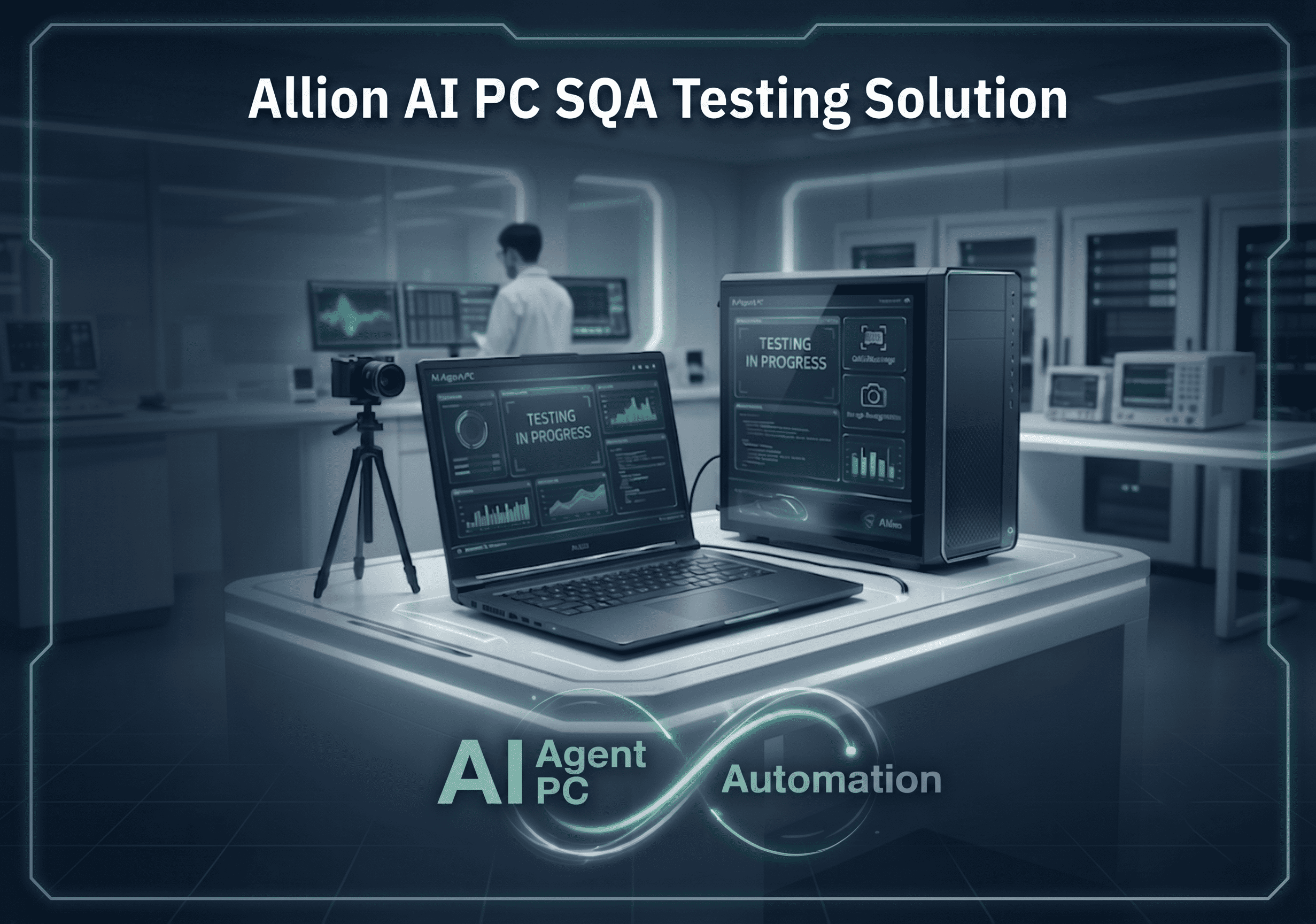Allion AI PC SQA Testing Solution：實驗室中進行自動化測試的筆電與桌機，搭配外接攝影機