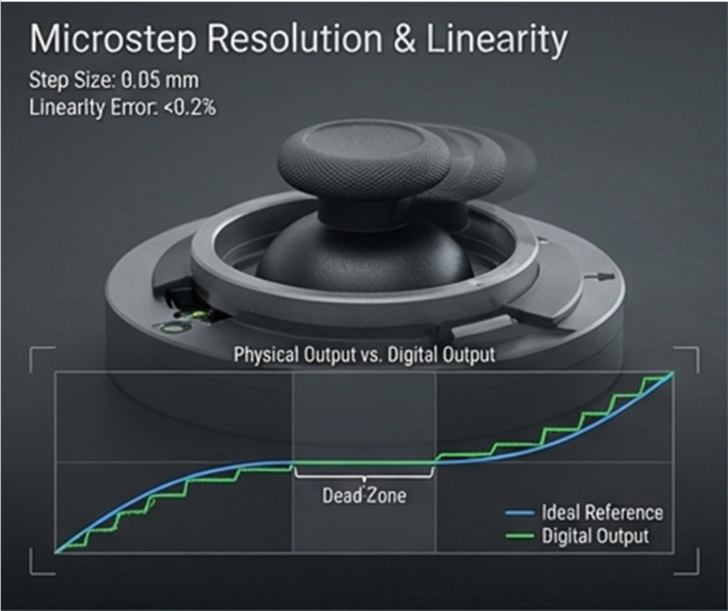 Resolution & Linearity 解析度與線性度：主要量測 0.05mm 等級微步進位移與數位輸出曲線，偵測死區(Dead Zone)寬度
