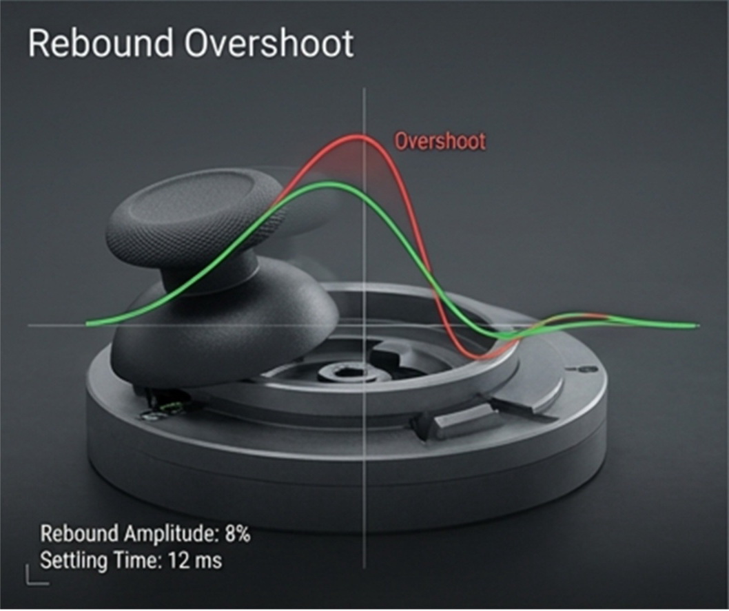 Rebound Stability & Center Return 回彈穩定性與中心回復：紀錄高速釋放後的振幅與穩定時間，並在中立位擷取訊號峰對峰噪聲