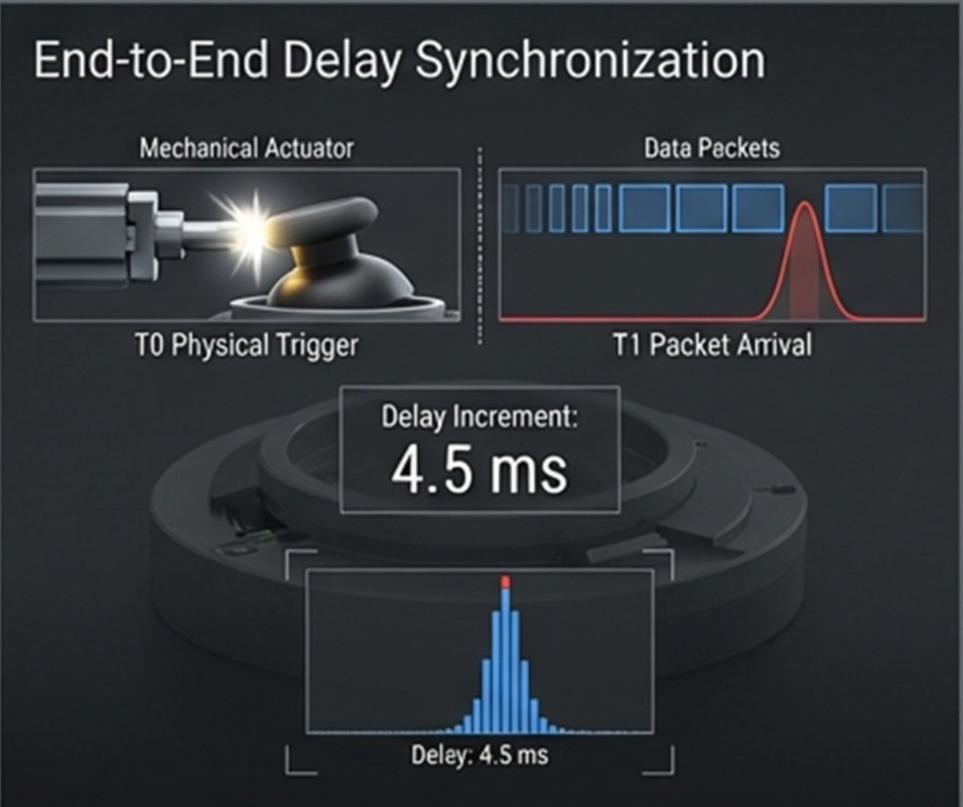 End-to-End Latency 端到端延遲：以物理觸發(T0)對比訊號到達(T1)，計算毫秒級延遲與抖動